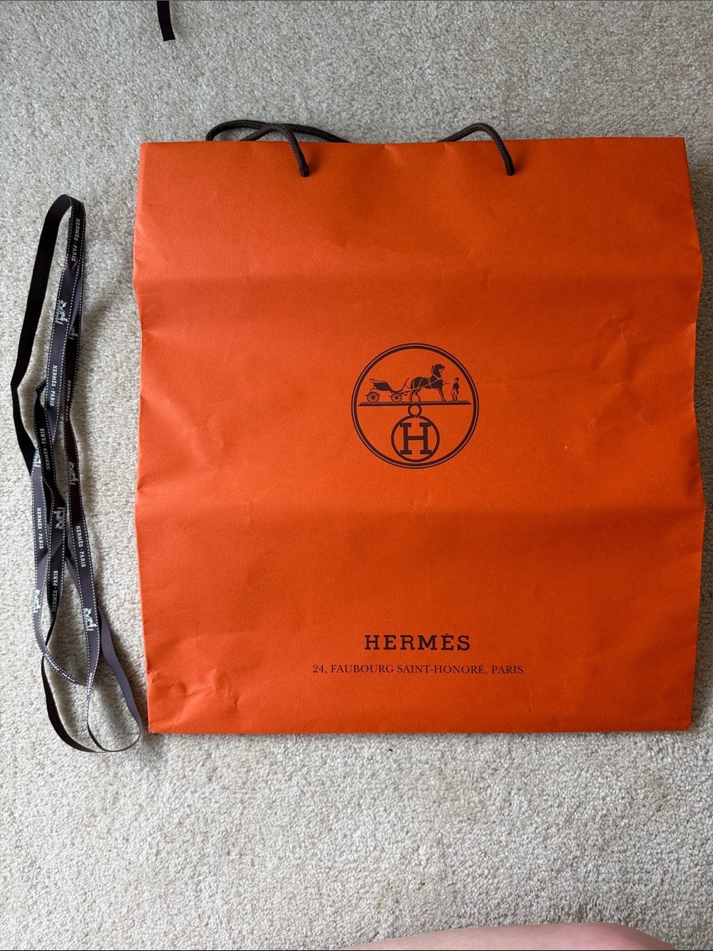 Hermes large Orange Signature Shopping Bag and ribbon